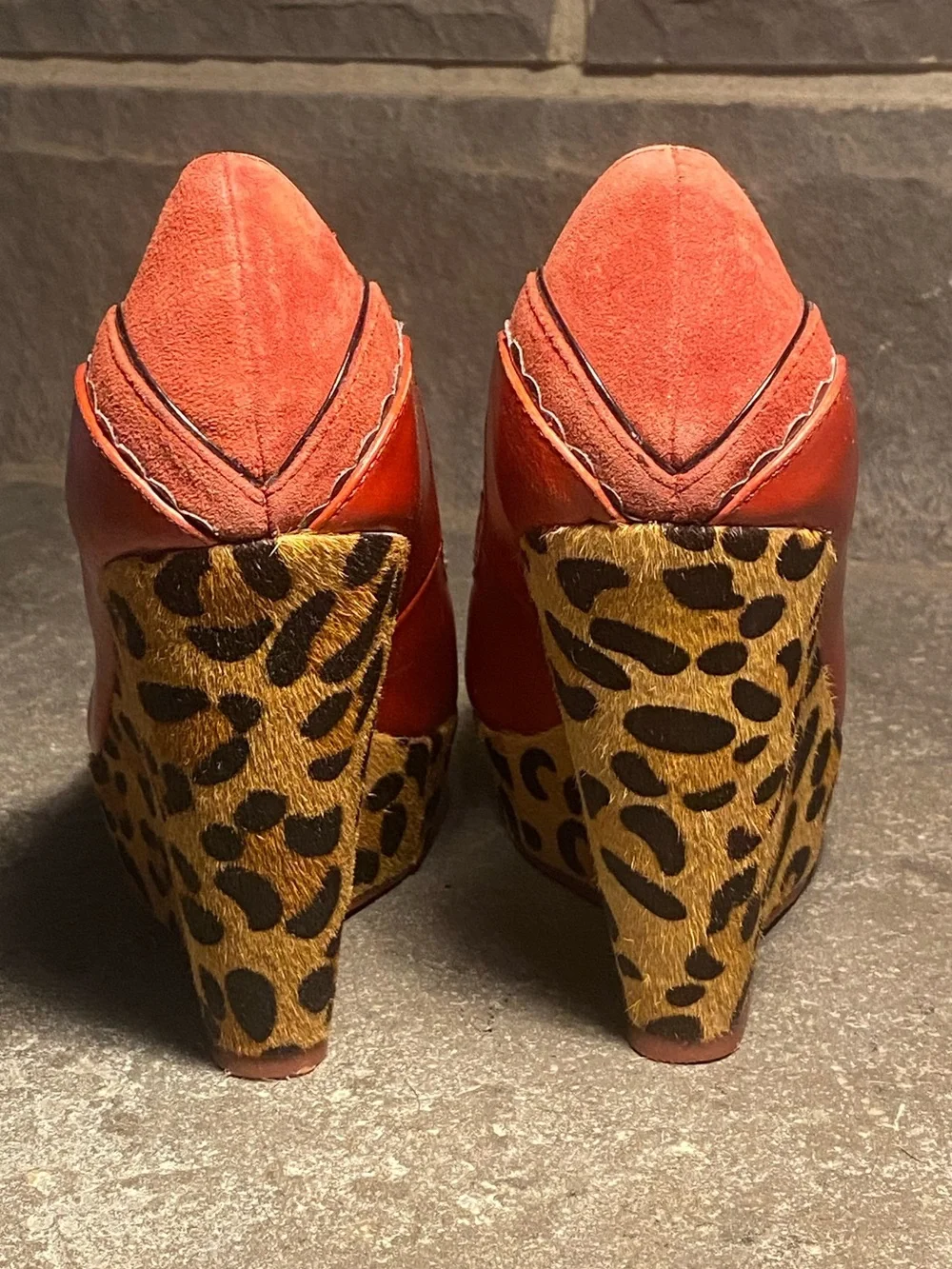Irregular Choice Body Love platform wedges,red leather,leopard faux fur,in box,7